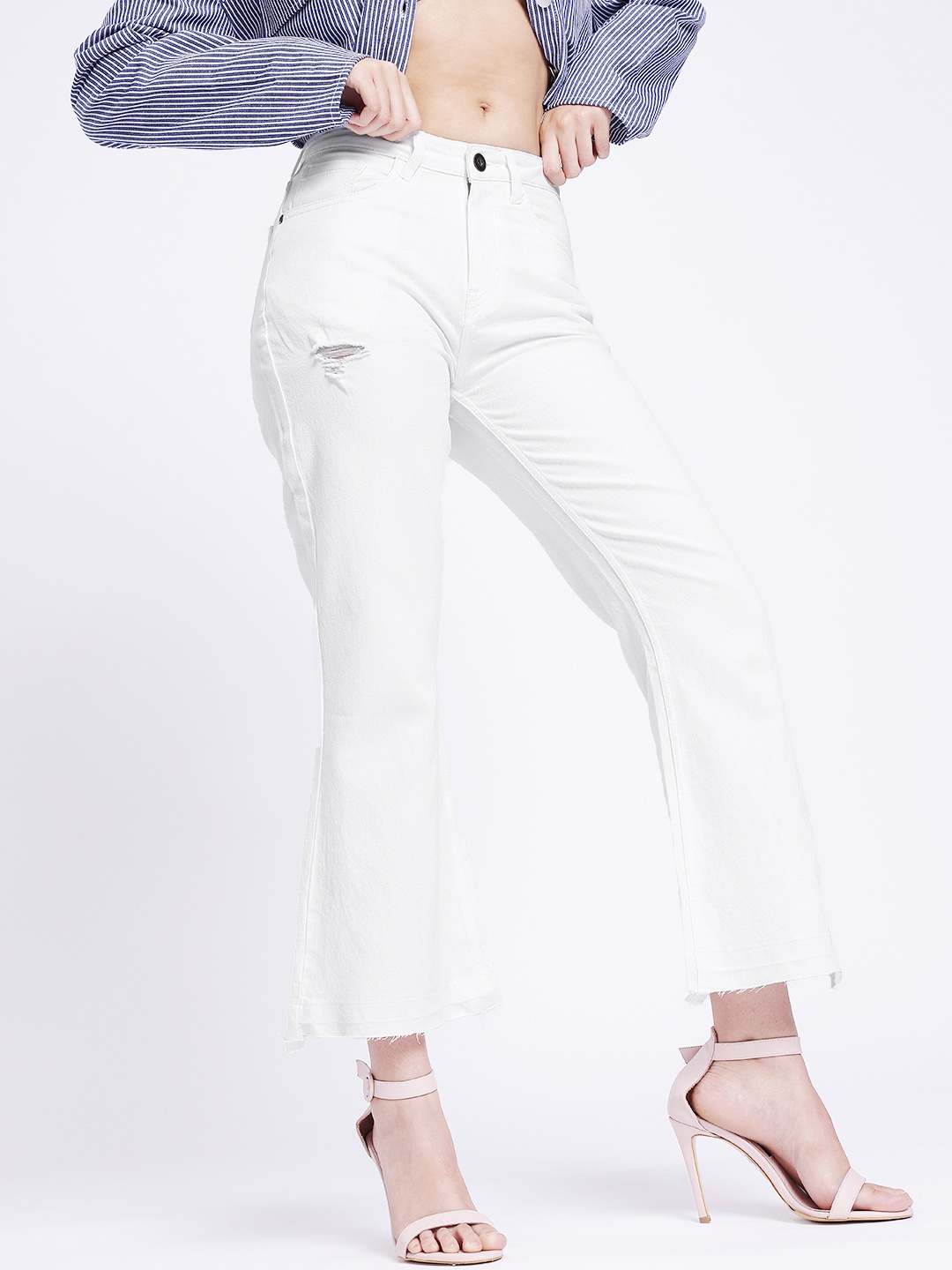 

glitchez Women Cool Vibe Slim Bootcut High-Rise Low Distress Stretchable Frayed Jeans, White