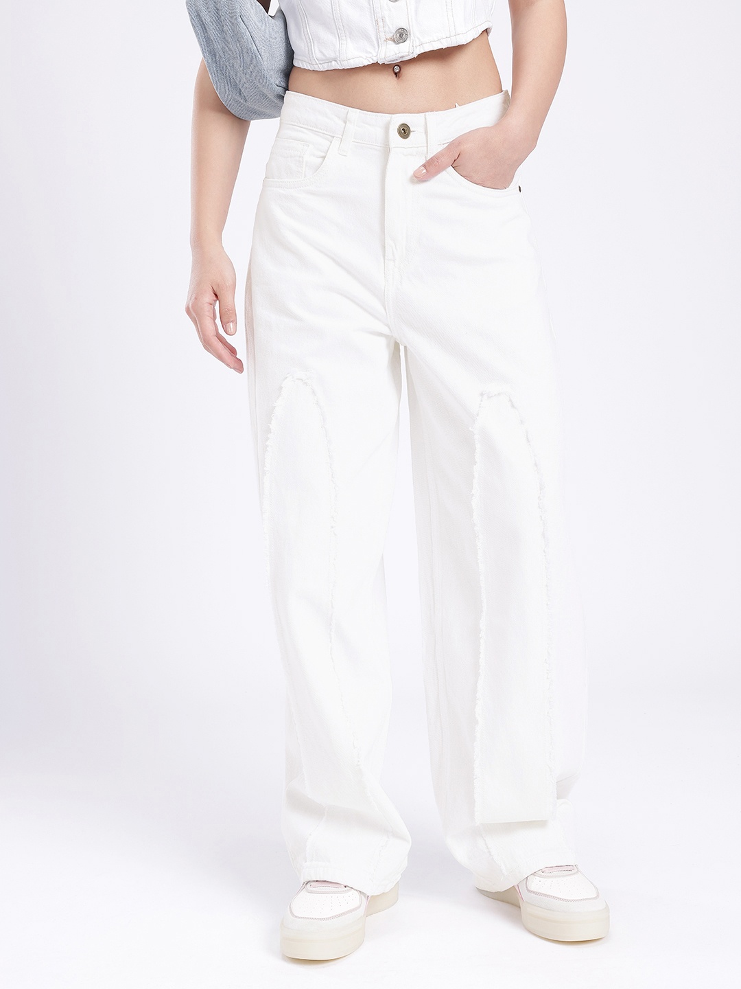 

glitchez Women Cool Vibe Patch Work 90's Baggy Fit Jeans, White