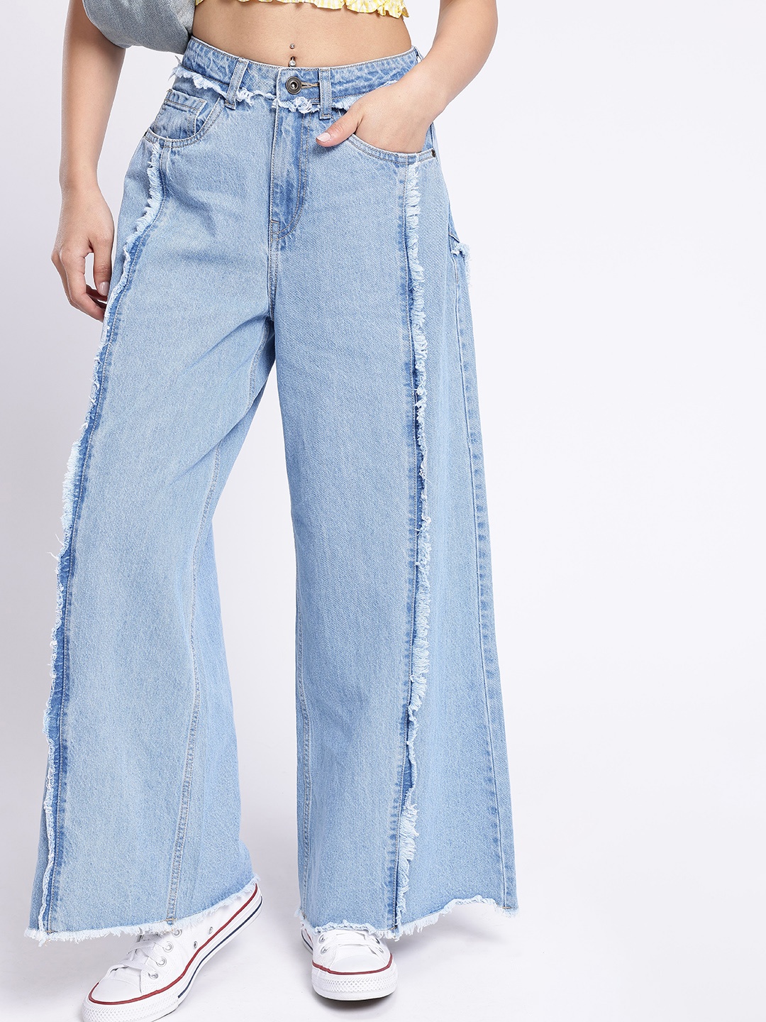 

glitchez Women Urban Chic Pallazzo High-Rise Heavy Fade Frayed Jeans, Blue