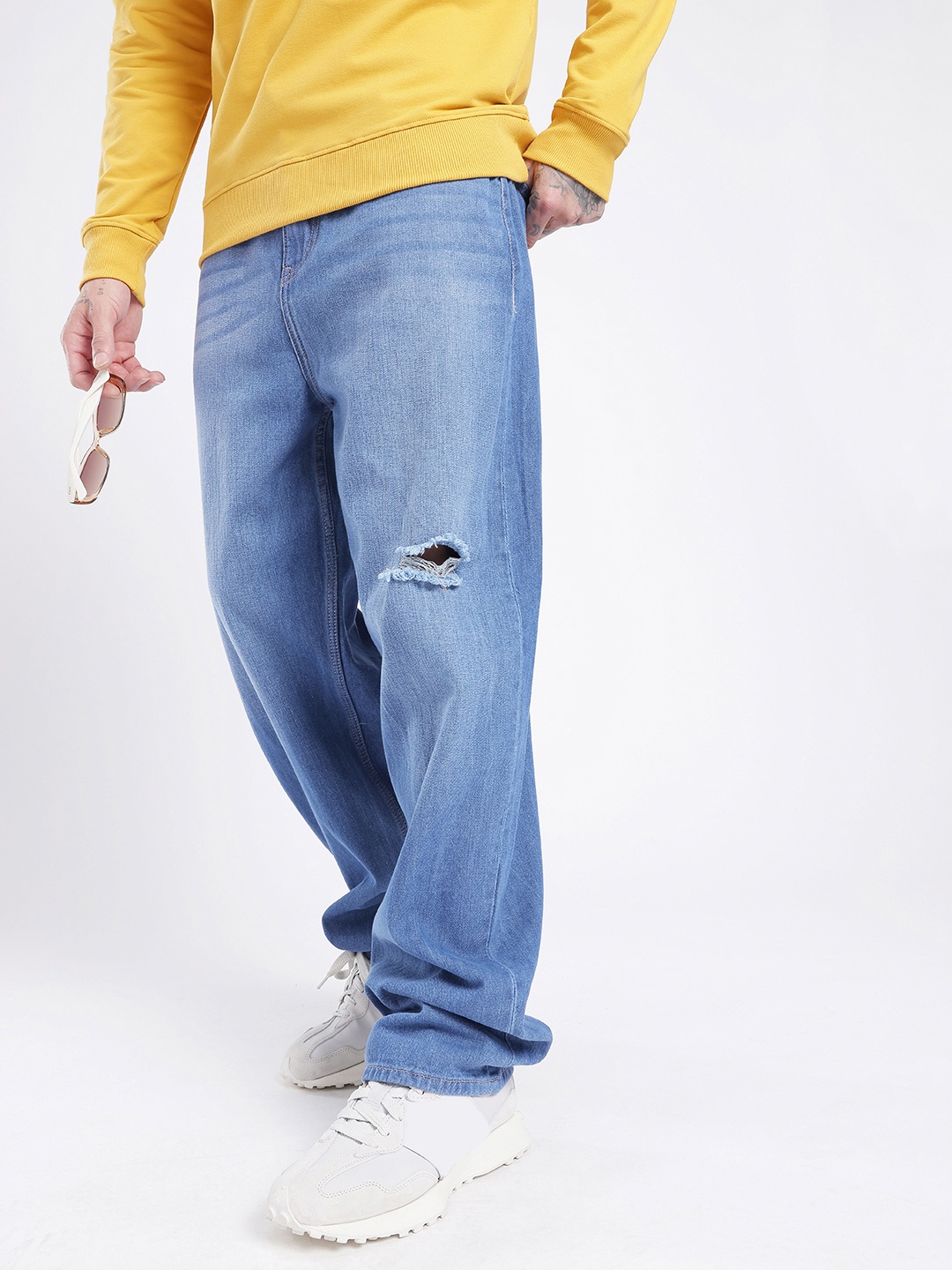 

glitchez Men Urban Rizz Loose Baggy Low Distress Heavy Fade Jeans, Blue