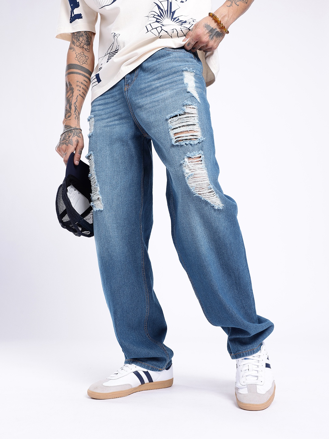 

glitchez Men Urban Cool Loose Highly Distressed Light Faded Jeans, Blue