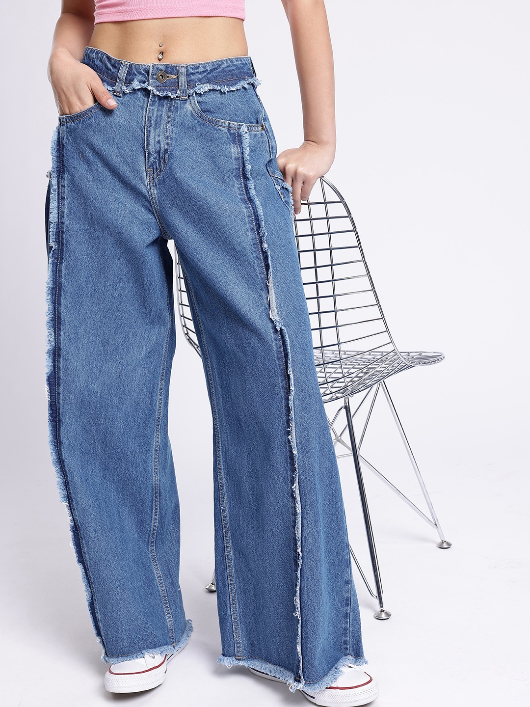 

glitchez Women Edgy Cool Frayed Detail Palazzo Fit Jeans, Blue
