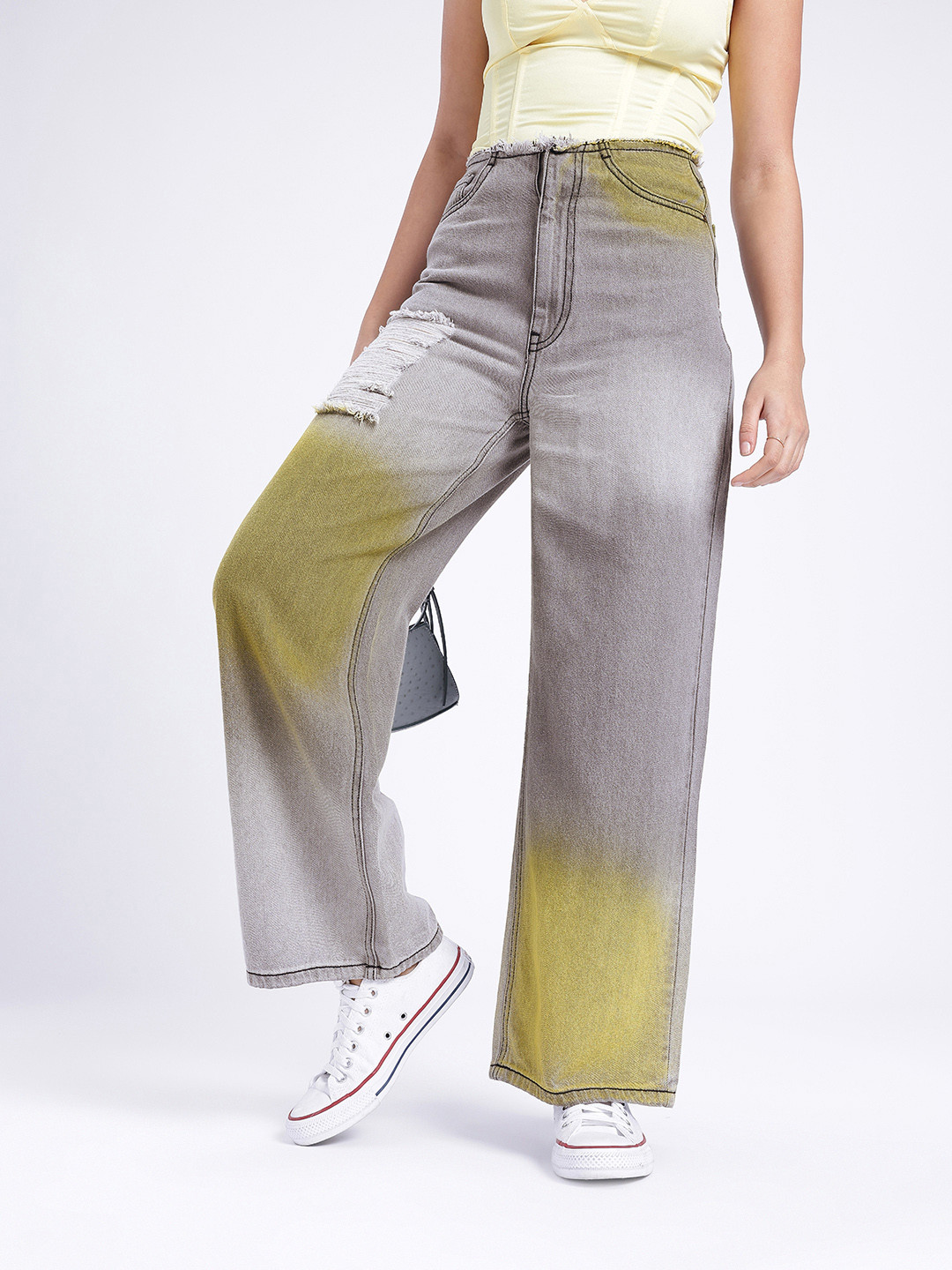 

glitchez Women Edgy Cool Baggy Wide Leg High-Rise Distressed Faded Jeans, Grey