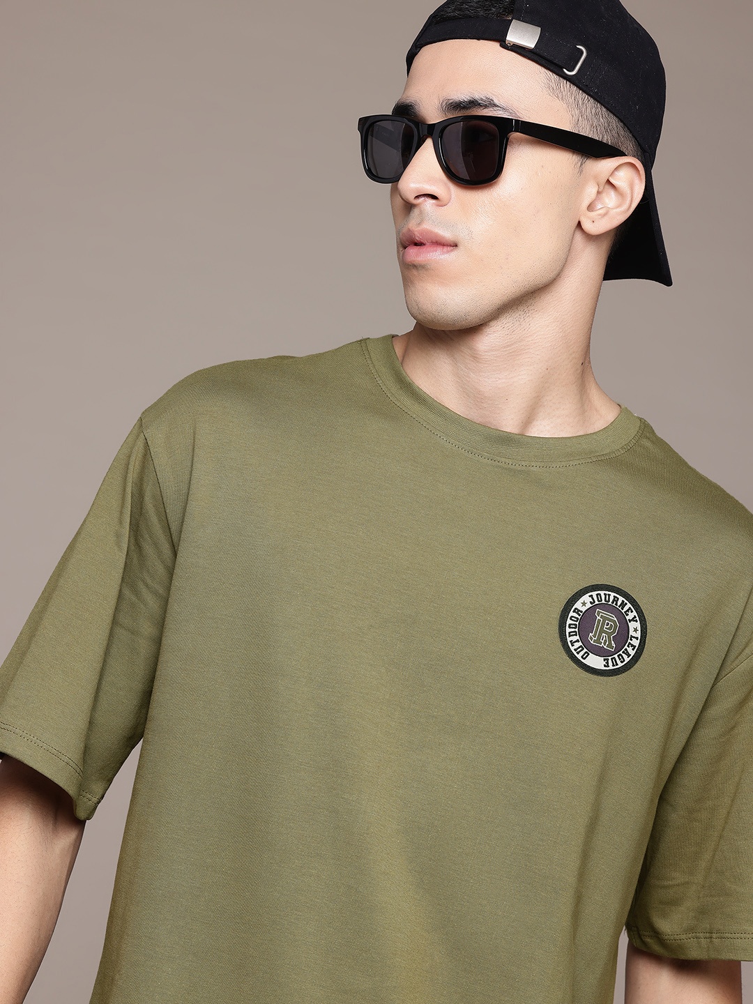 

The Roadster Lifestyle Co. Drop-Shoulder Sleeves Pure Cotton Relaxed Fit T-shirt, Olive