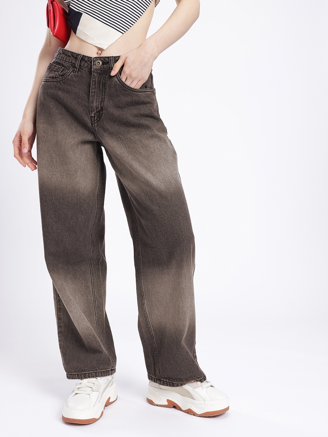 

glitchez Women Modern Street Baggy Fit Heavy Fade Jeans, Grey