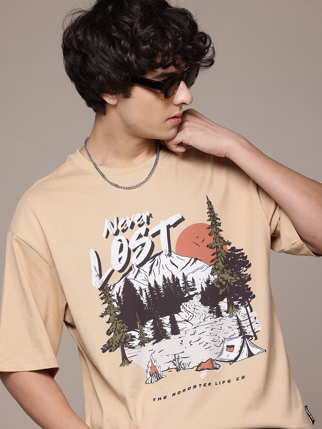 

The Roadster Lifestyle Co. Printed Relaxed Pure Cotton T-shirt, Beige