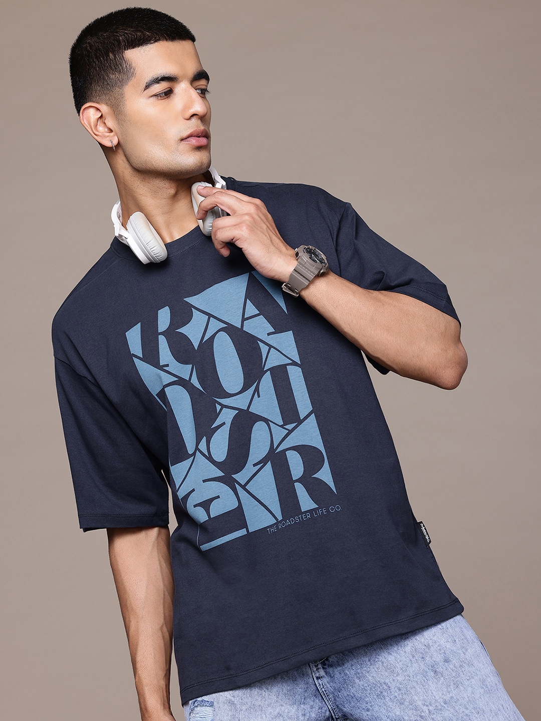 

The Roadster Lifestyle Co. Printed Relaxed Fit Pure Cotton T-shirt, Navy blue