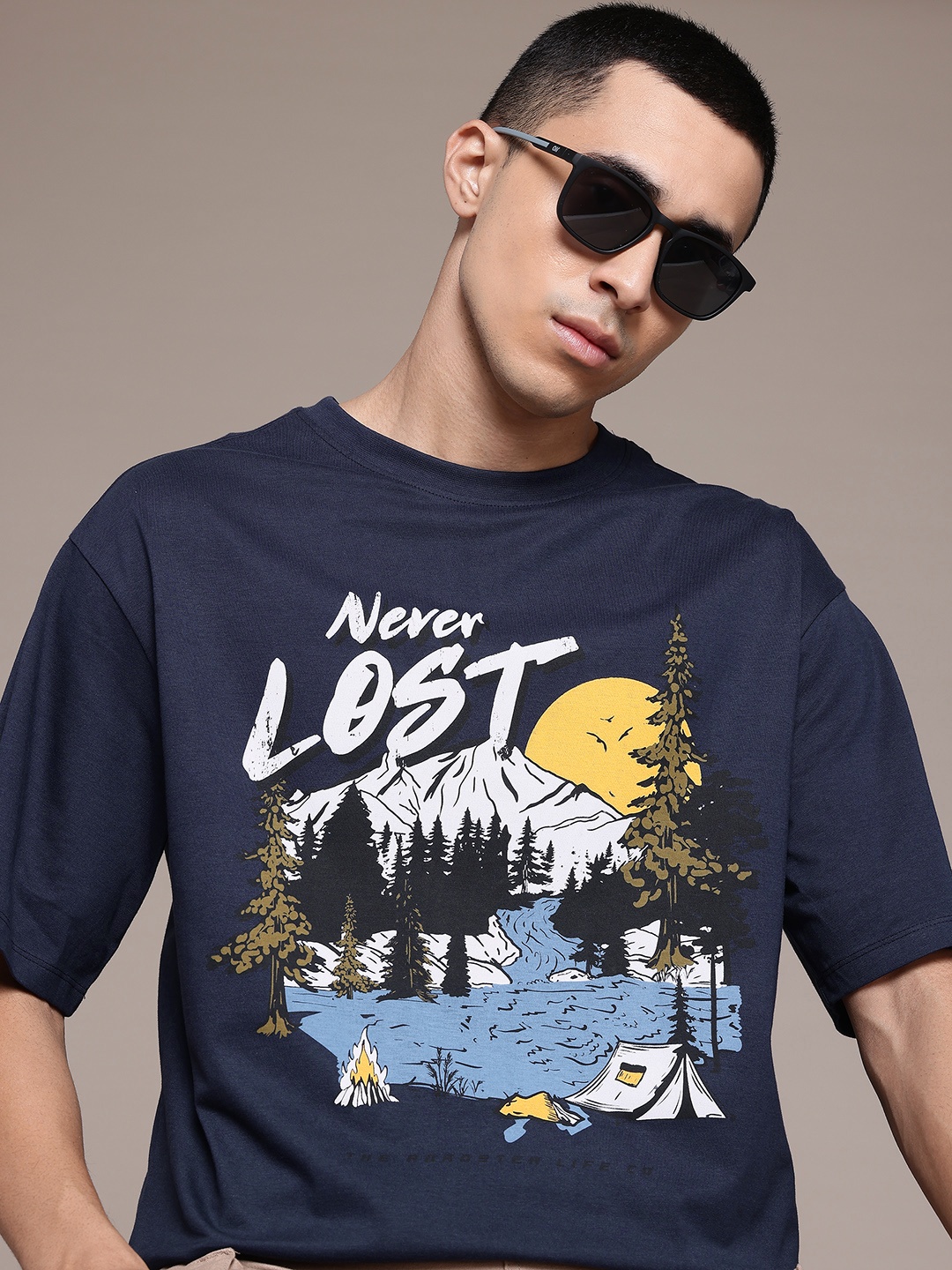

The Roadster Lifestyle Co. Typography Printed Drop-Shoulder Sleeves Pure Cotton T-shirt, Navy blue