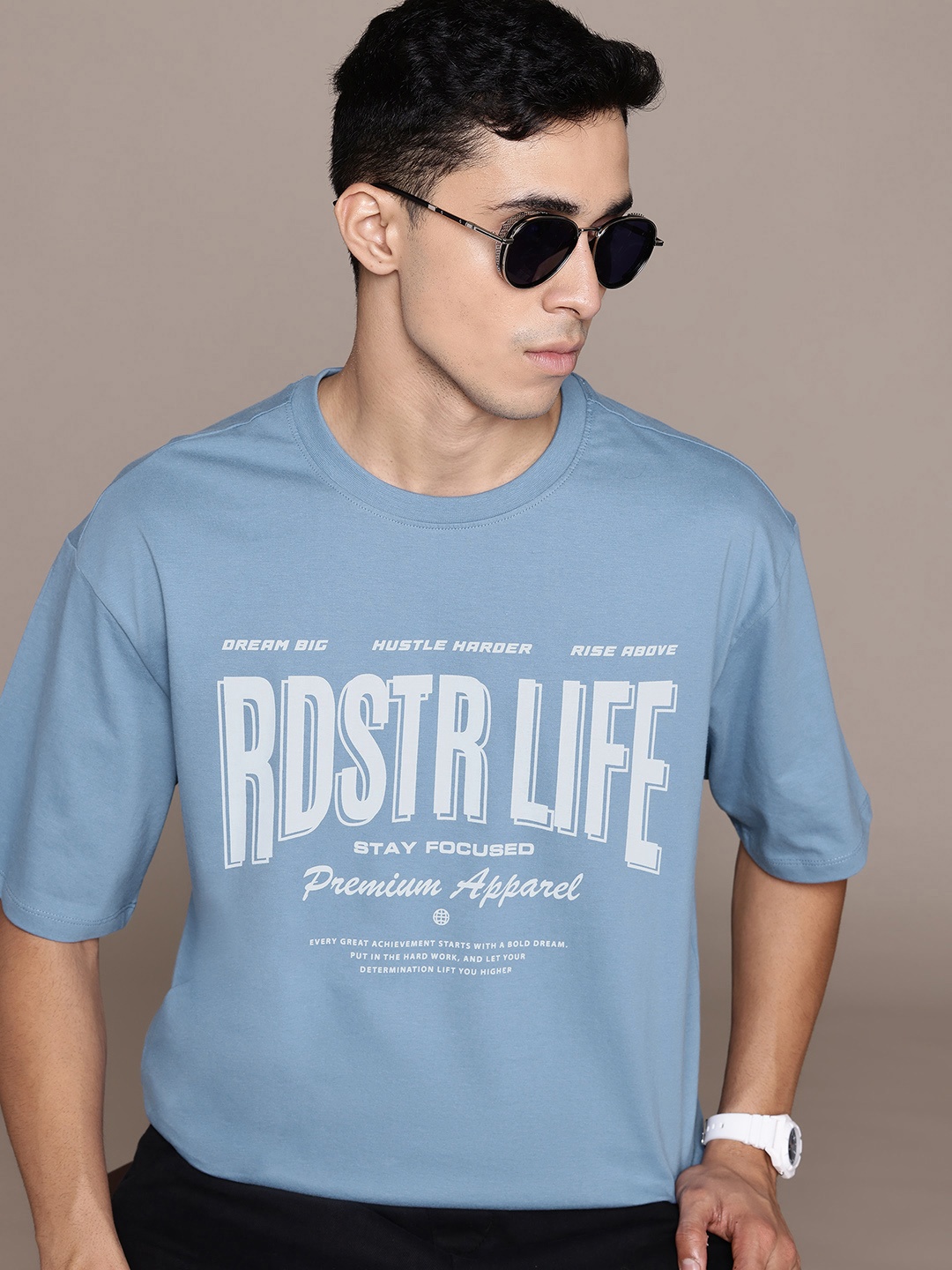 

The Roadster Lifestyle Co. Printed Drop-Shoulder Sleeves Pure Cotton Relaxed T-shirt, Blue