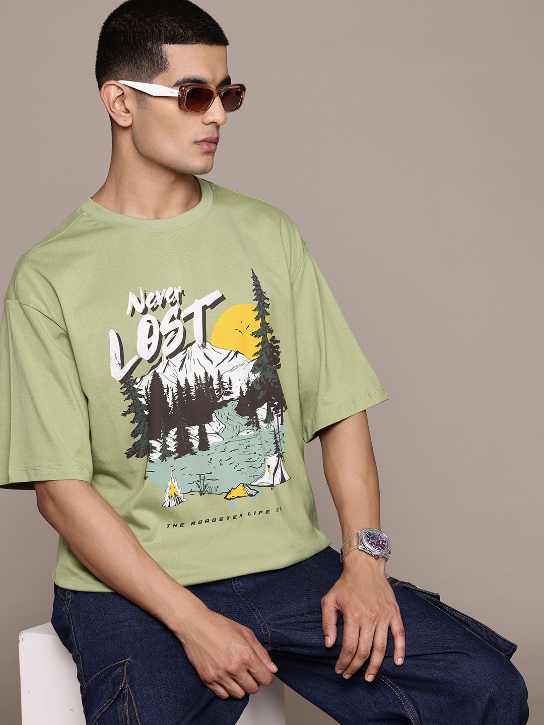 

The Roadster Lifestyle Co. Printed Drop-Shoulder Sleeves Pure Cotton Relaxed T-shirt, Green