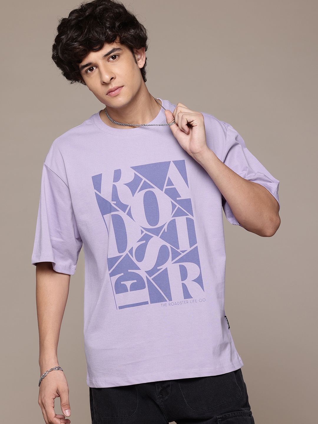 

Roadster The Lifestyle Co Brand Logo Printed Drop-Shoulder Sleeves Pure Cotton T-shirt, Lavender