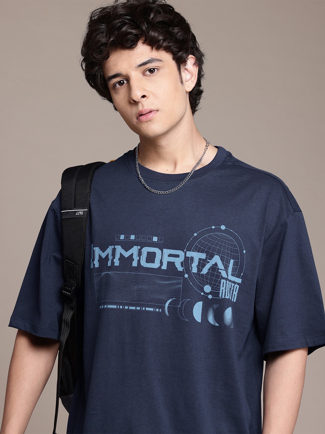 

The Roadster Lifestyle Co. Typography Printed Pure Cotton Relaxed T-shirt, Navy blue