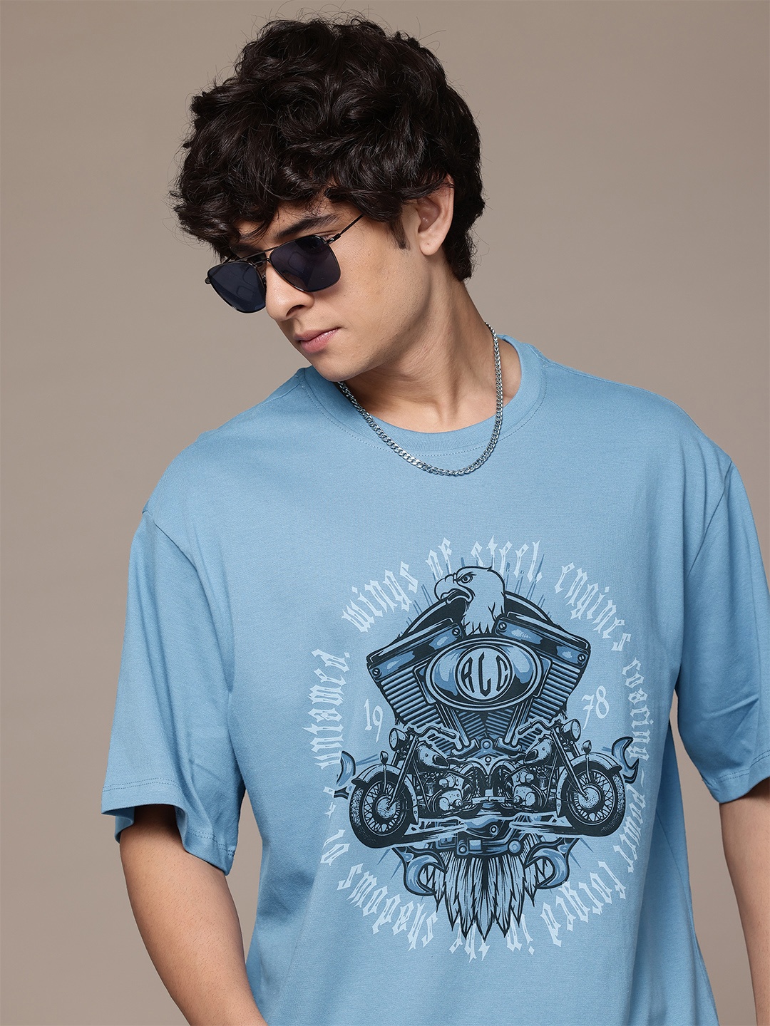 

Roadster The Lifestyle Co Printed Drop-Shoulder Sleeves Pure Cotton T-shirt, Blue
