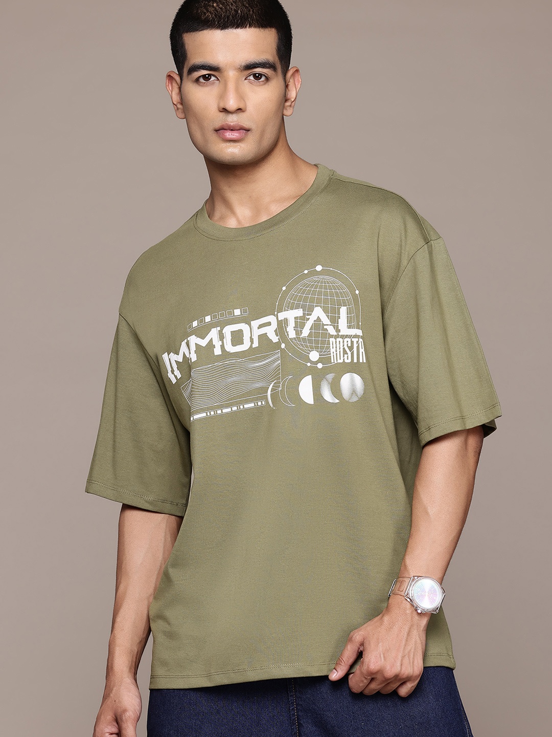 

The Roadster Lifestyle Co. Men Printed Pure Cotton Relaxed Fit T-shirt, Green