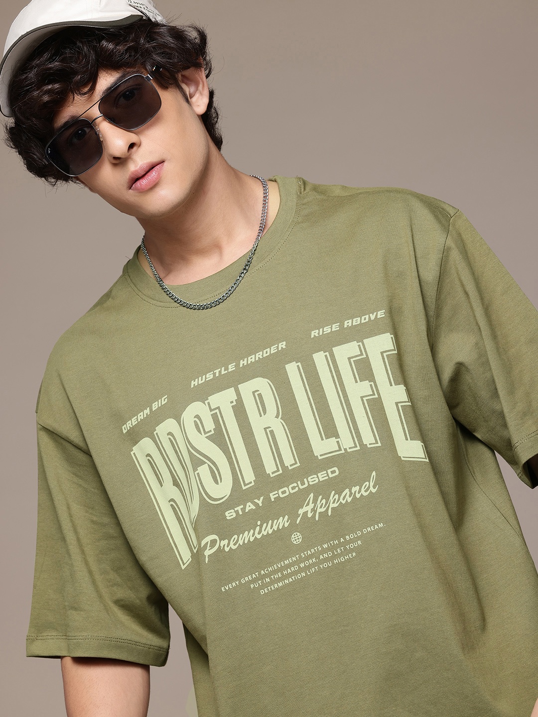 

Roadster The Lifestyle Co Brand Logo Printed Drop-Shoulder Sleeves Pure Cotton T-shirt, Green