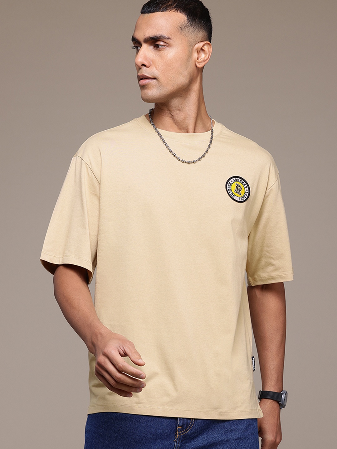 

The Roadster Lifestyle Co. Men Pure Cotton Relaxed Fit T-shirt, Beige