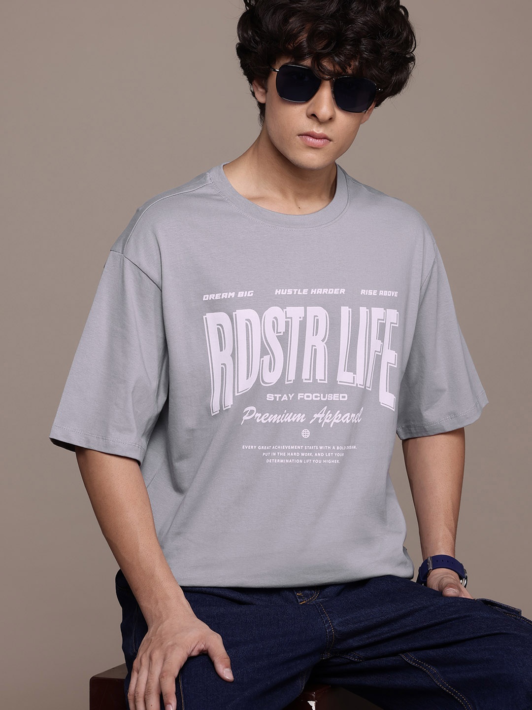 

The Roadster Lifestyle Co. Typography Print Drop-Shoulder Sleeves Pure Cotton T-shirt, Grey