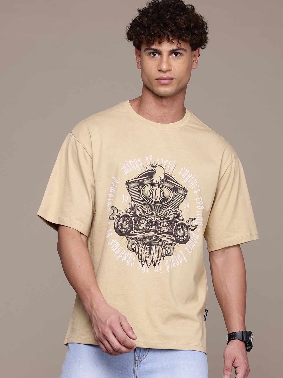 

The Roadster Lifestyle Co. Typography Print Drop-Shoulder Sleeves Pure Cotton T-shirt, Beige