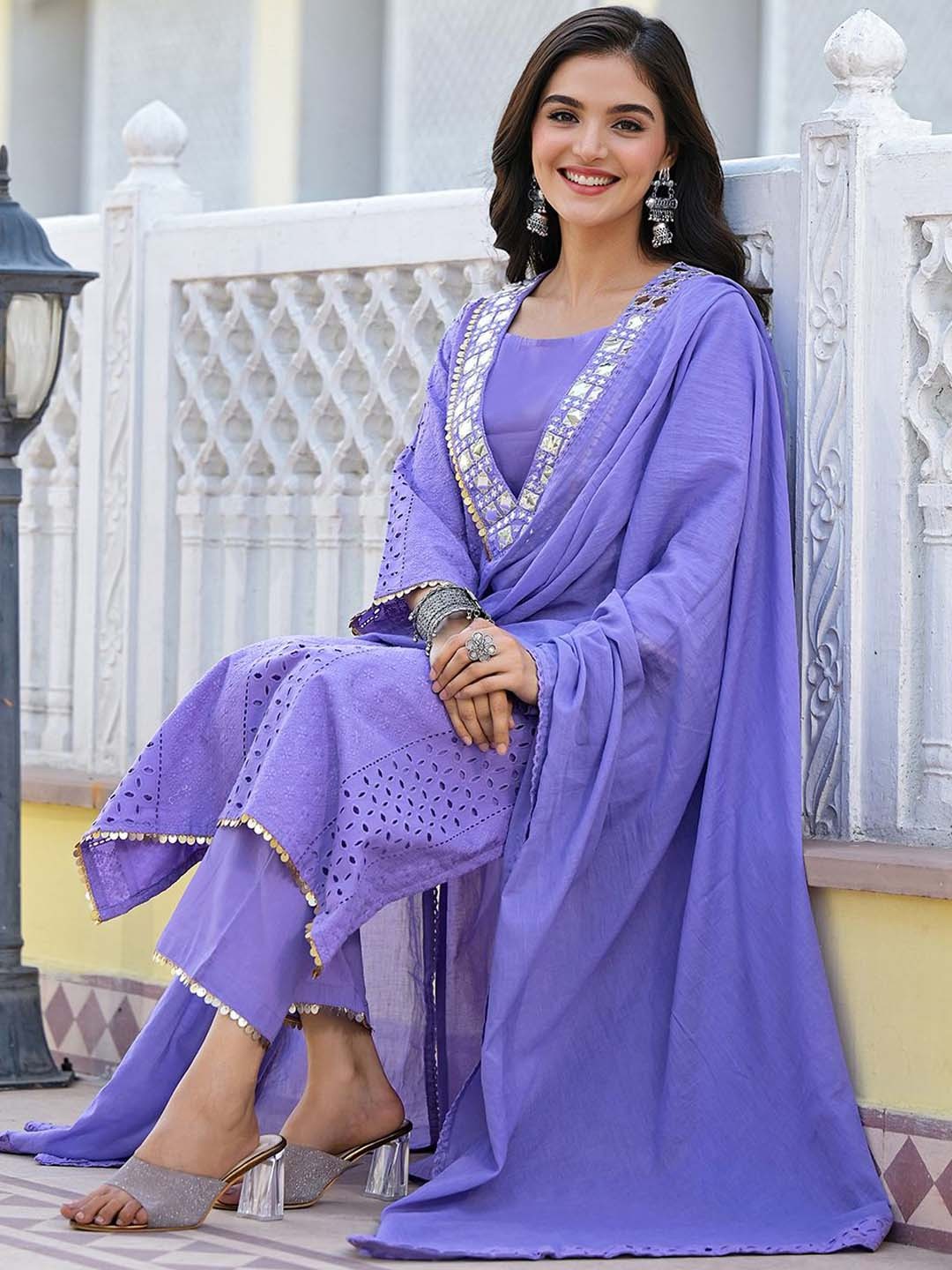 

Ishin Floral Yoke Design Thread Work Pure Cotton Kurta With Trousers & Dupatta, Lavender
