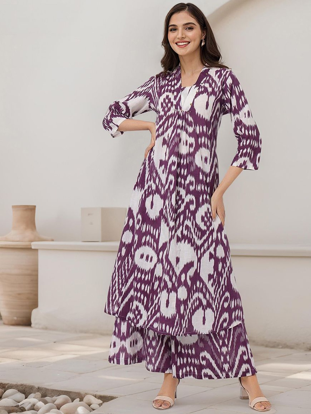

Ishin Geometric Printed V-Neck Pure Cotton A-Line Kurta With Palazzos, Purple