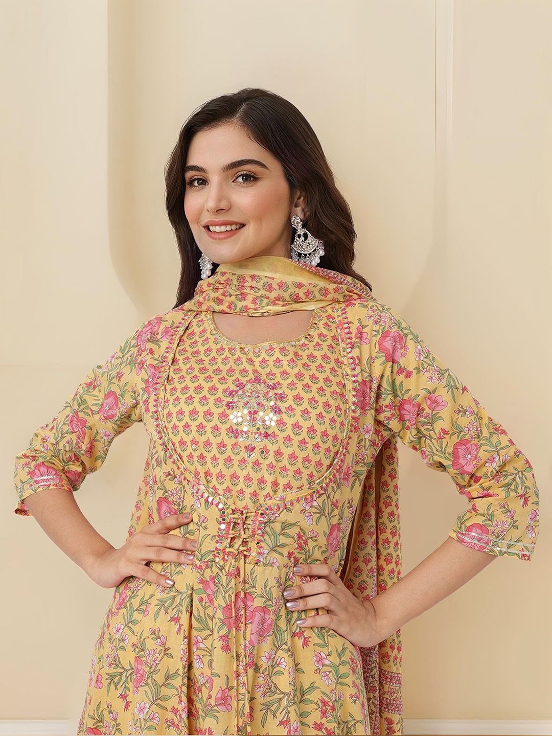 

Ishin Floral Printed Mirror Work Pure Cotton Kurta With Trousers & Dupatta, Yellow