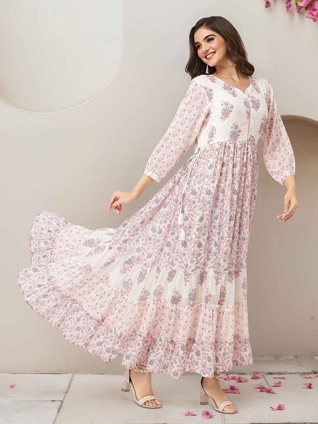 

Ishin Women Floral Printed Cotton V-neck Fit & Flare Maxi Dress, Cream