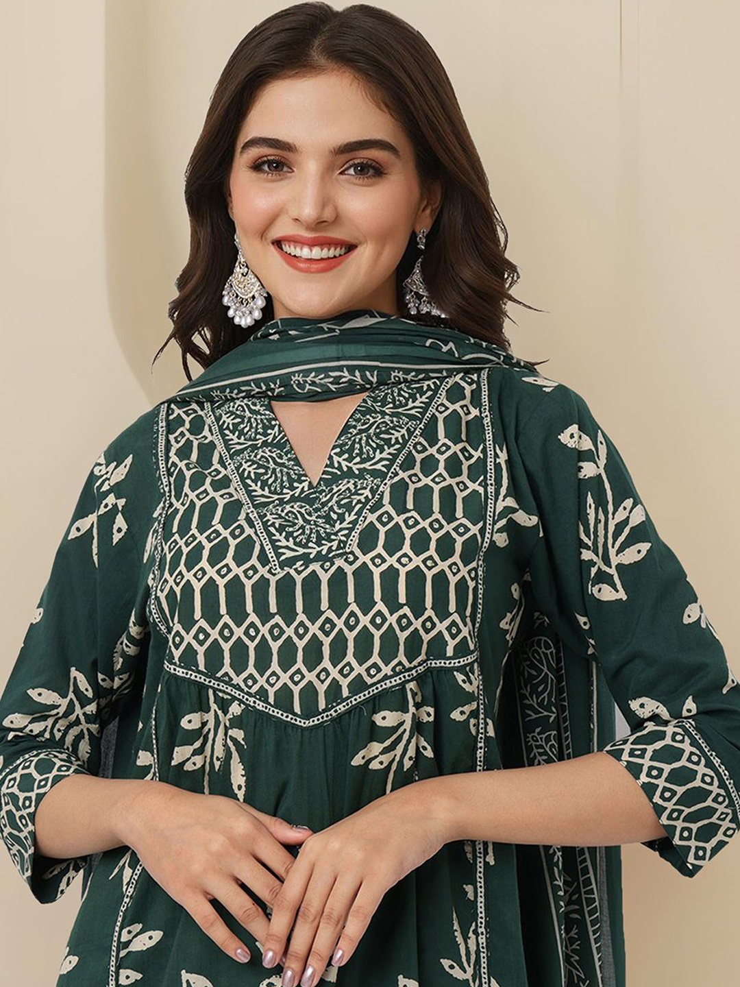 

Ishin Floral Printed Pure Cotton Kurta With Trousers & Dupatta, Green