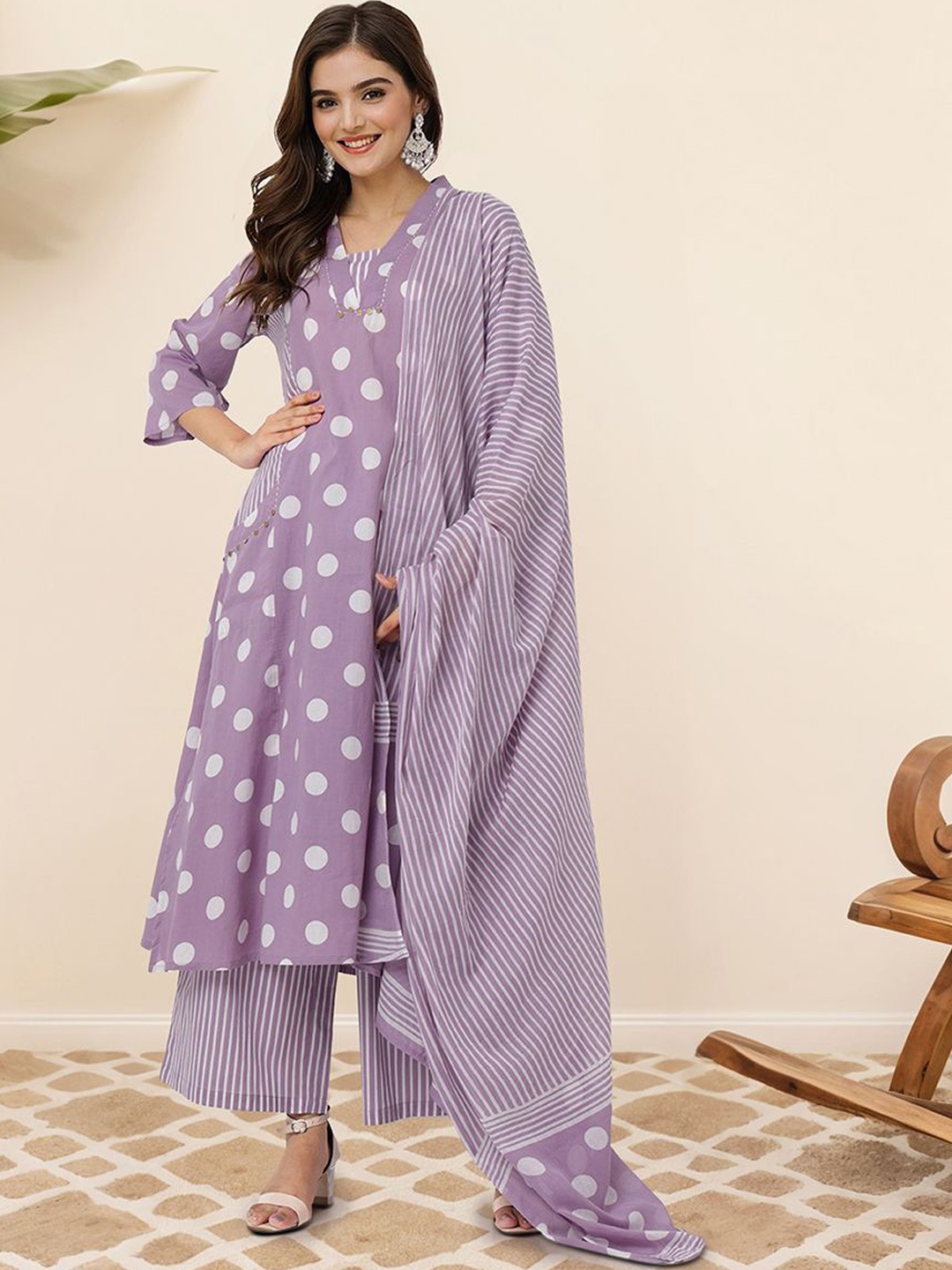 

Ishin Geometric Printed Regular Pure Cotton A-Line Kurta with Palazzos & Dupatta, Lavender