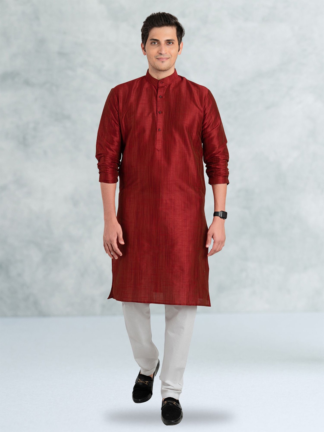 

ENCINO Mandarin Collar Cotton Silk Straight Kurta, Red