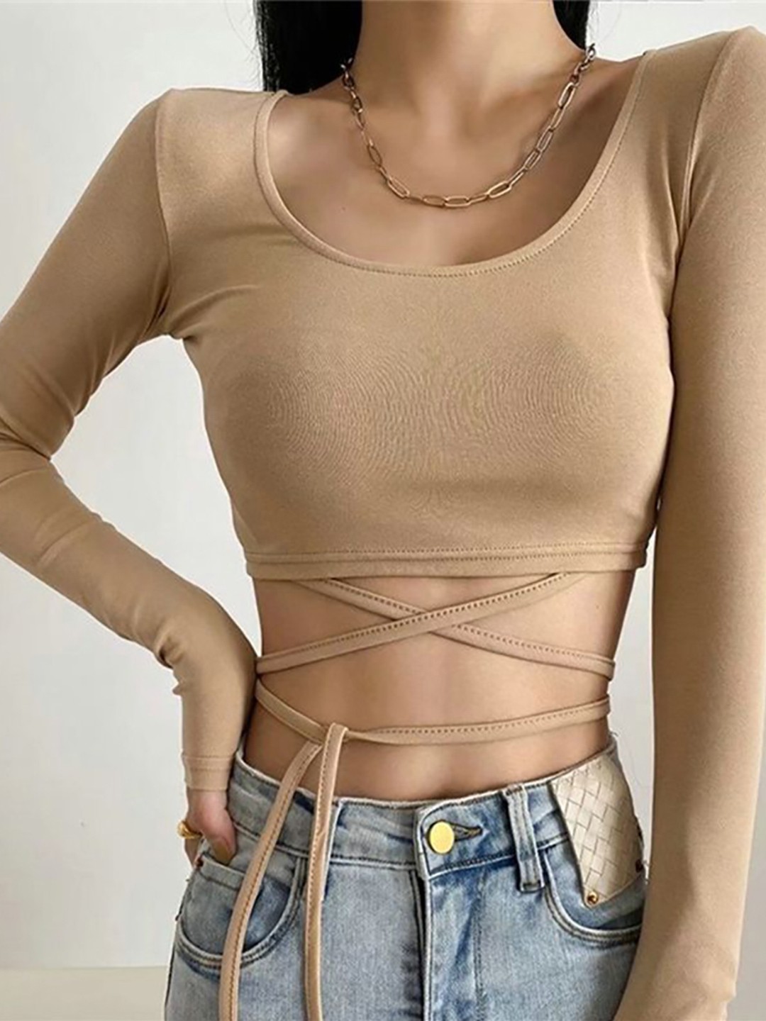

StyleCast x Revolte Women Solid Waist Tie-Ups Crop Top, Beige
