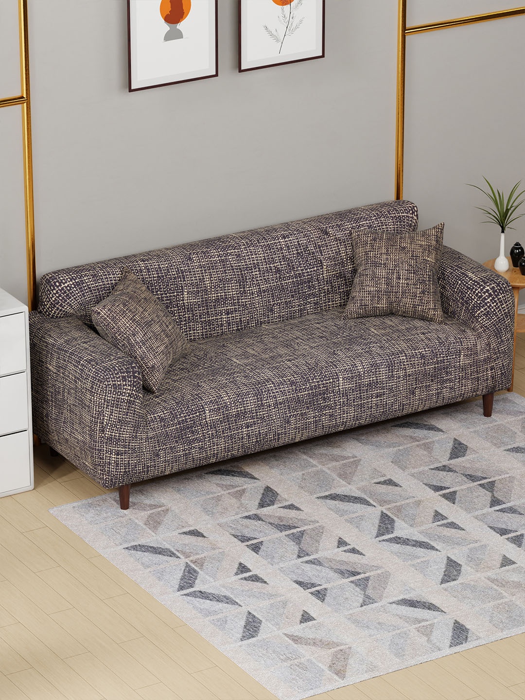 

Lukzer Brown Printed 3-Seater Sofa Cover With Arms