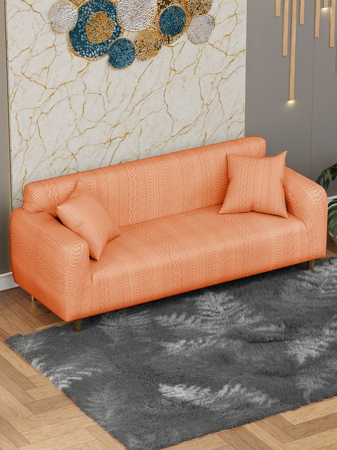 

Lukzer Orange Printed 3-Seater Sofa Cover With Arms