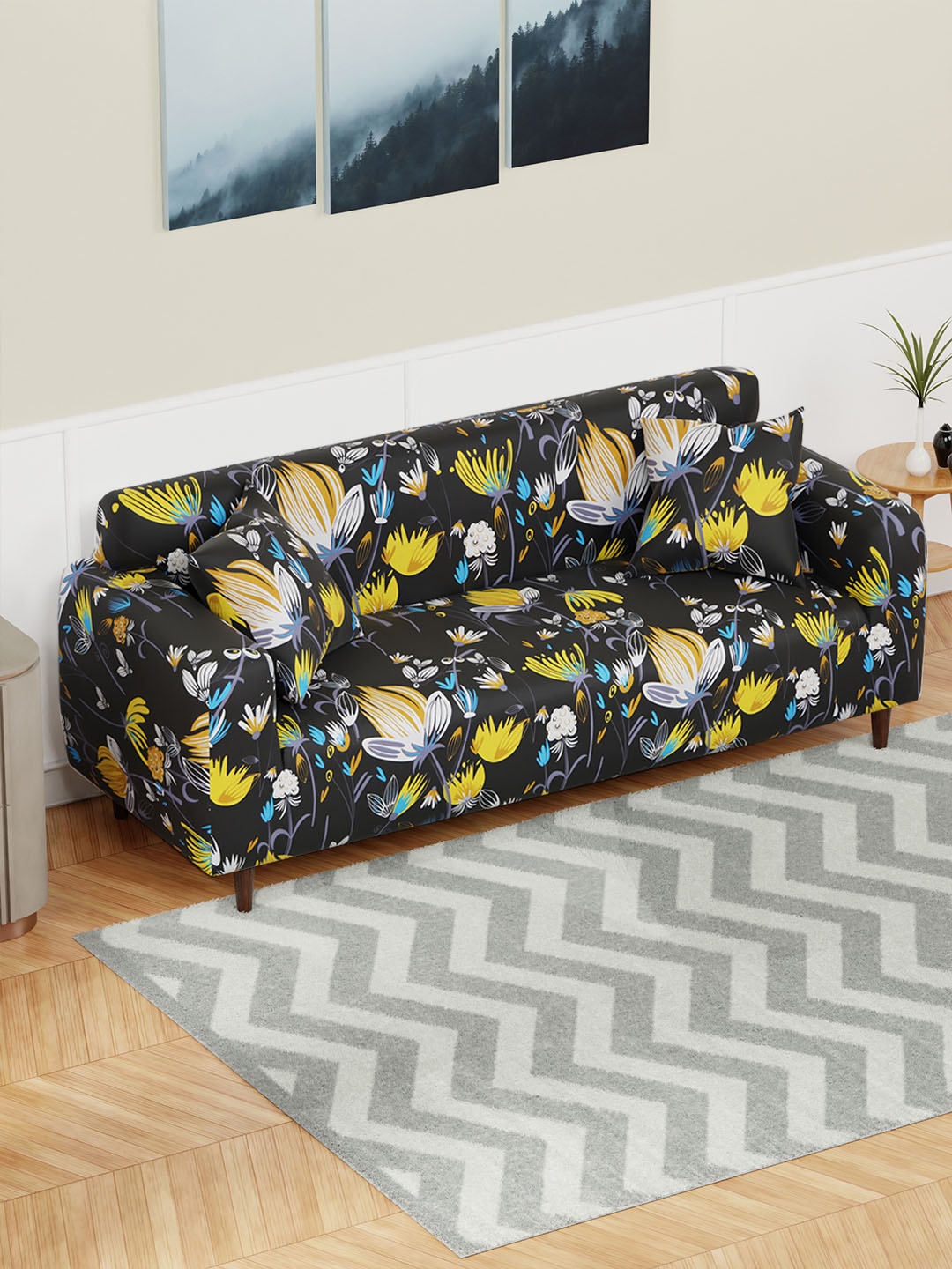 

Lukzer Yellow and Black Floral Printed 3-Seater Sofa Cover With Arms