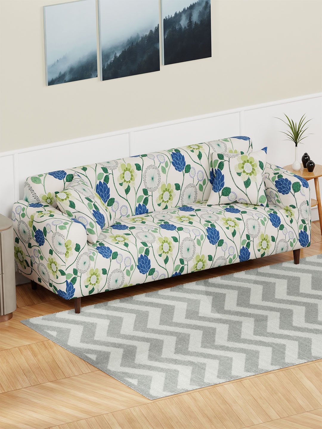 

Lukzer White and Blue Floral Printed 3-Seater Sofa Cover With Arms