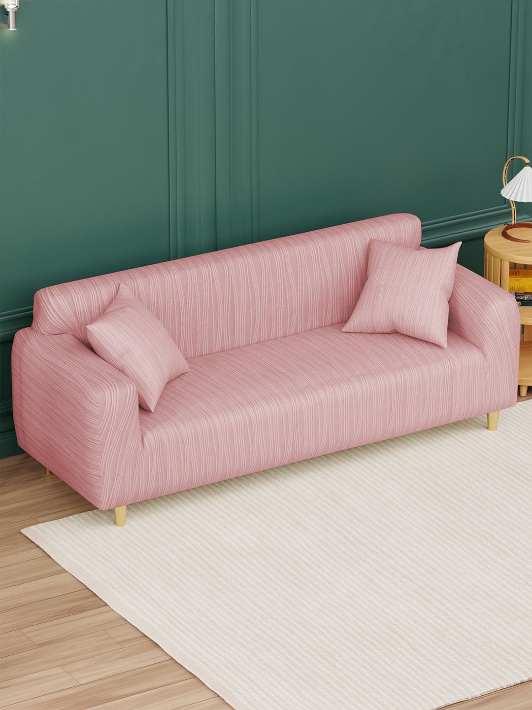 

Lukzer Pink Self Design 3-Seater Sofa Cover With Arms