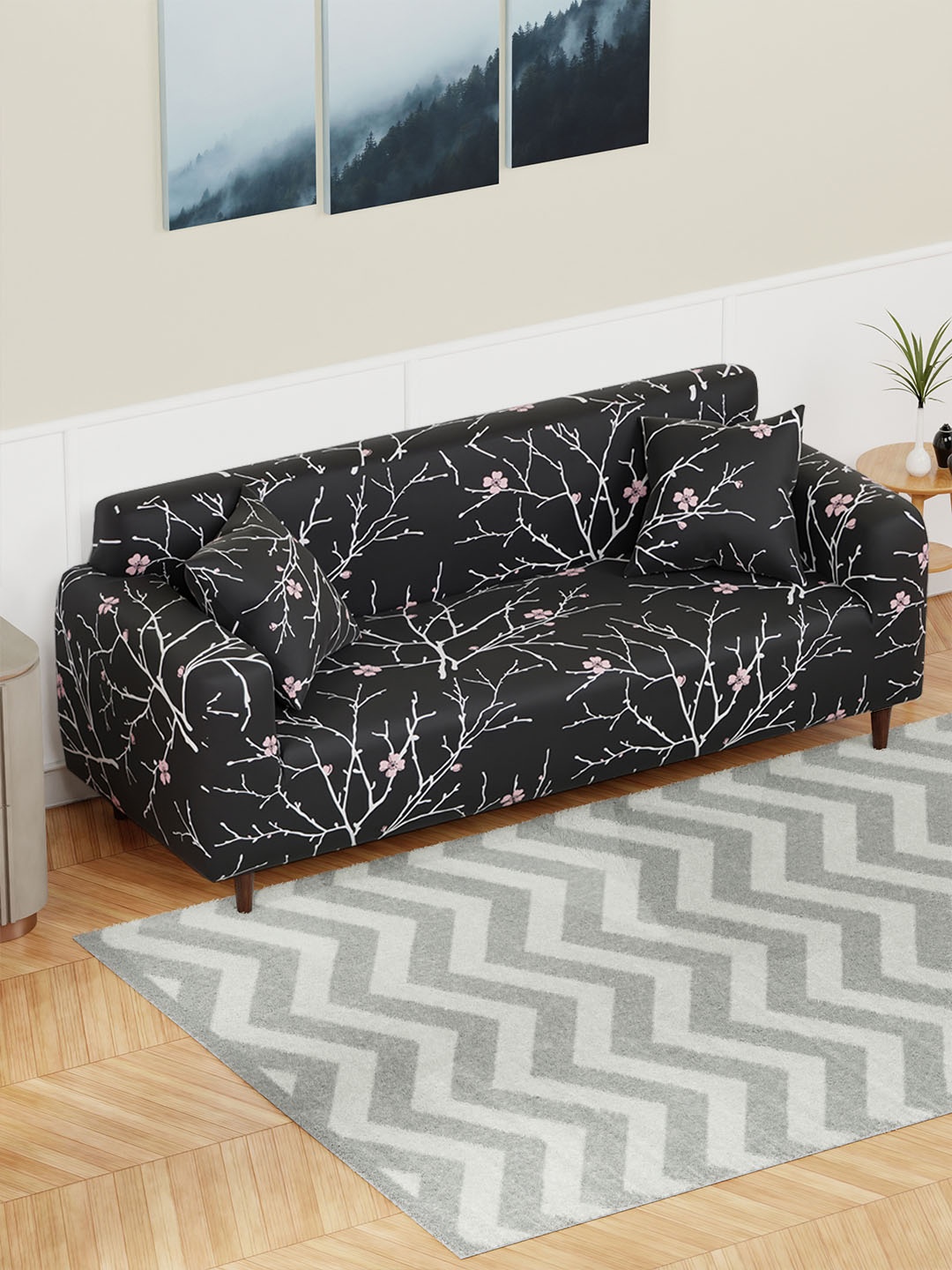 

Lukzer Black Floral Printed 3-Seater Sofa Cover With Arms