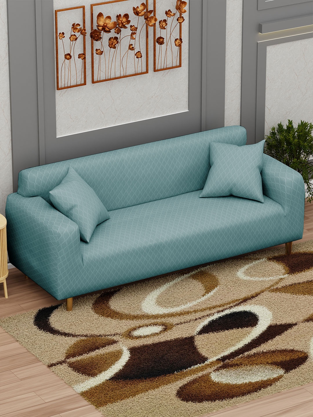 

Lukzer Blue Curved Diamond Pattern 3 Seater Sofa Cover With Arms