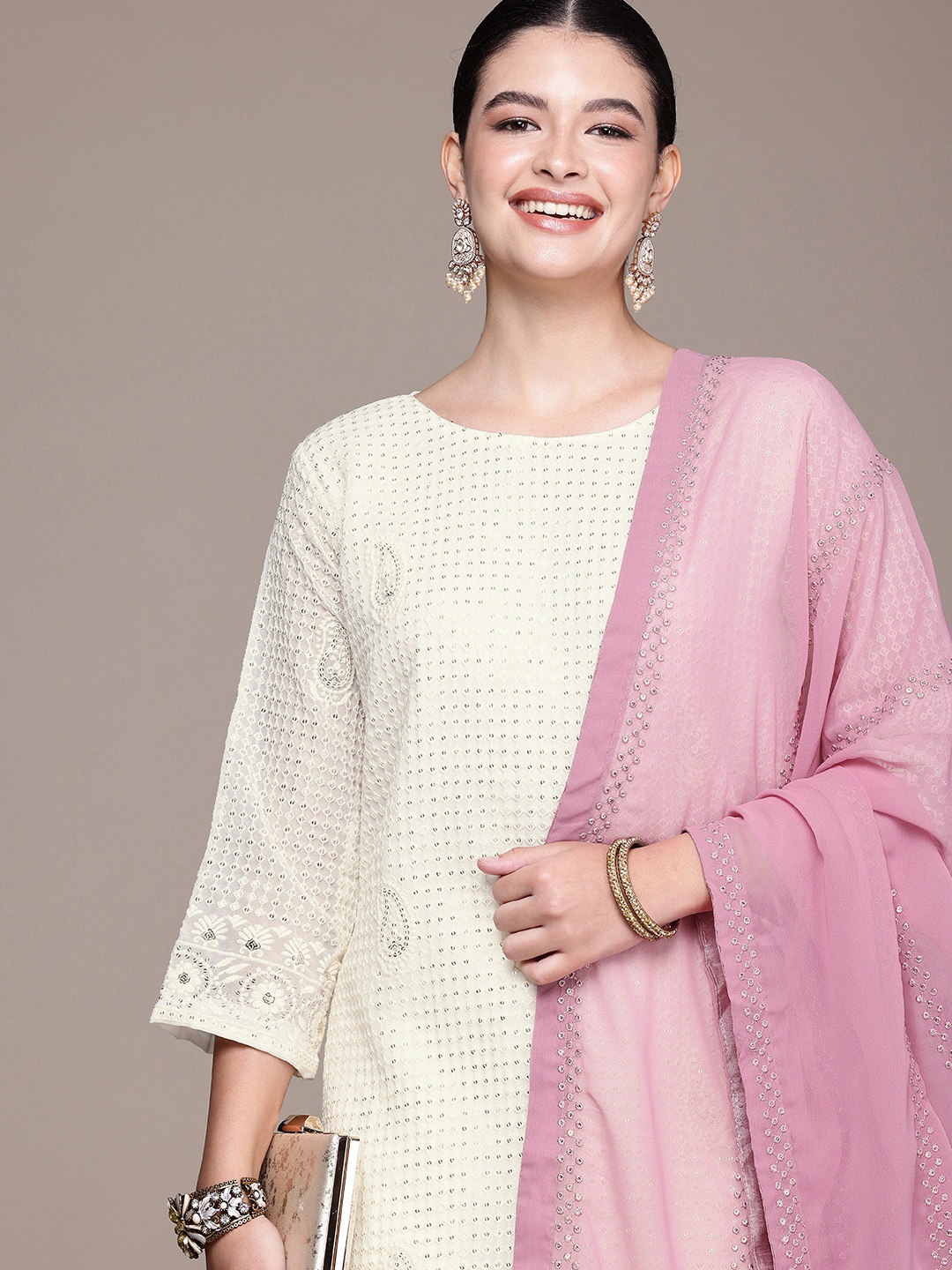 

GLAMONY Paisley Embroidered Sequinned Kurta With Trousers & Dupatta, Off white