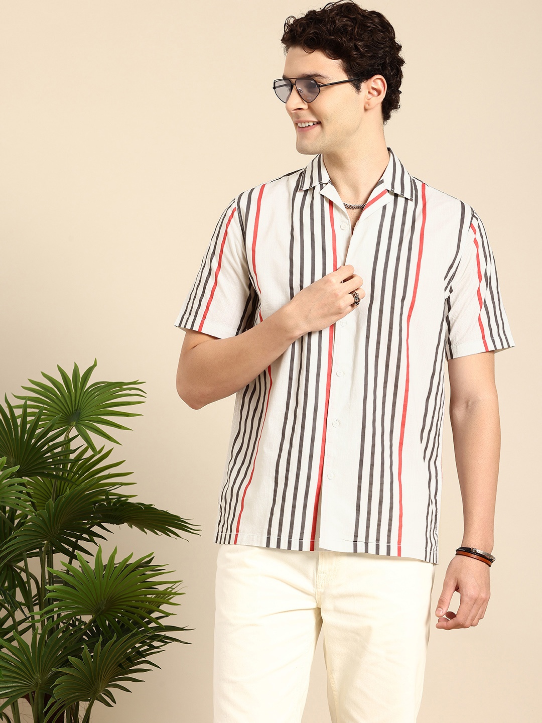 

Mast & Harbour Pure Cotton Striped Casual Shirt, Off white