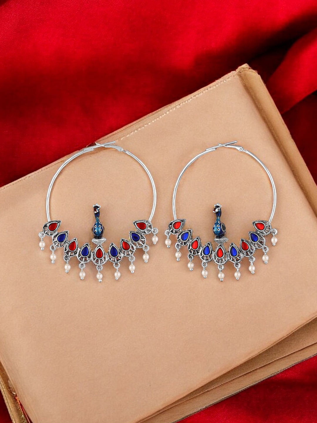 

Mahi Rhodium-Plated Artificial Beads Peacock Shaped Drop Earrings, Red