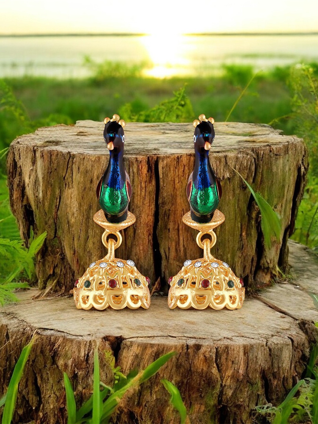 

Mahi Gold-Plated Crystals Meenakari Enamel Peacock Shaped Jhumkas