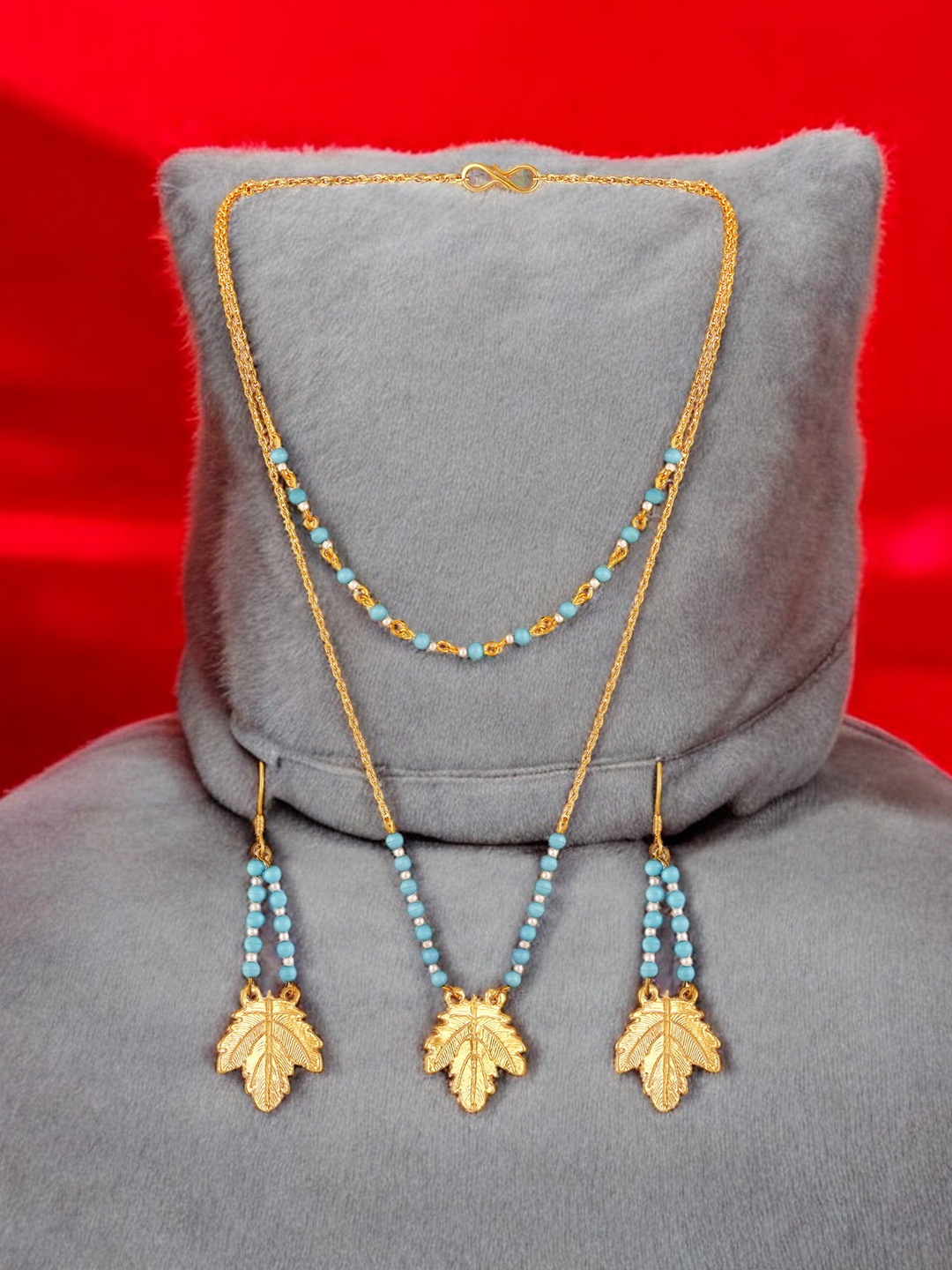 

Mahi Gold-Plated Beaded Dual Layer Mapel Leaf-Shaped Necklace and Earrings