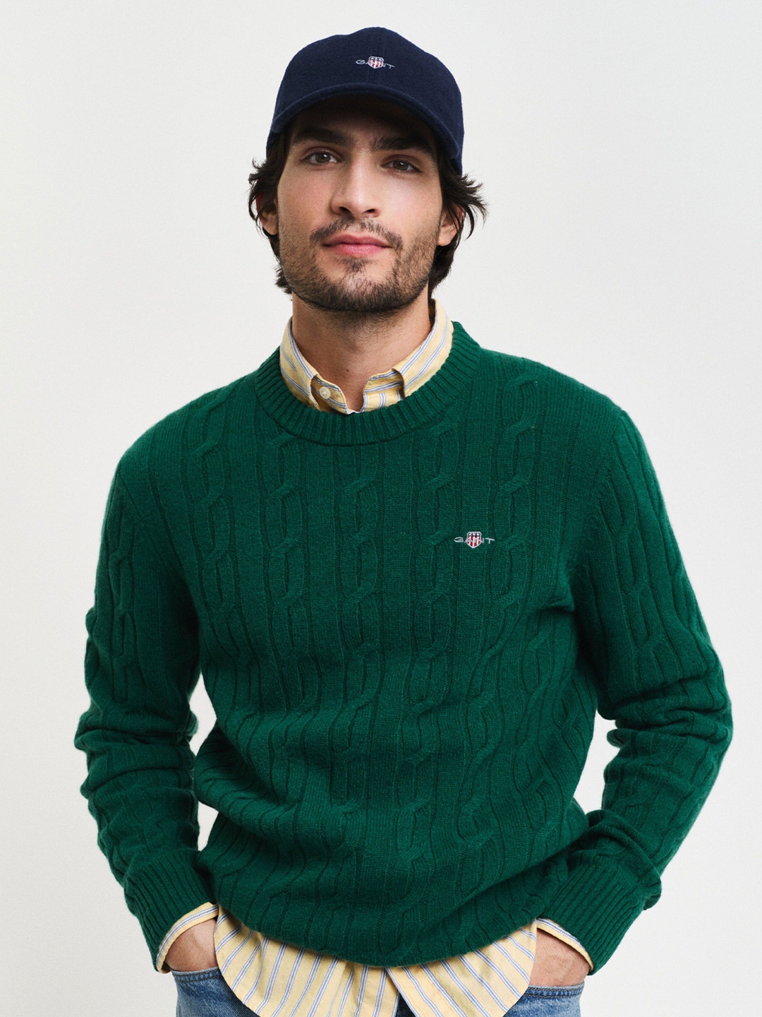 

GANT Men Cable Knit Round Neck Woollen Pullover Sweater, Green