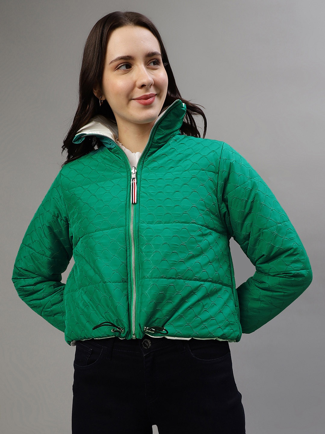 

ELLE Women Mock Collar Solid Casual Padded Reversible Jacket, Green