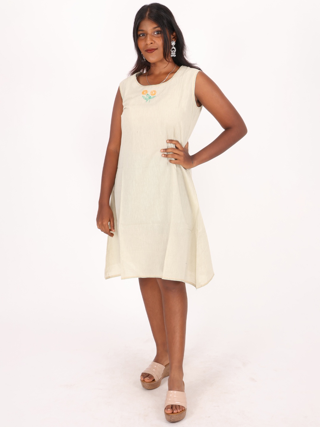 

Avishya Round Neck Embroidered Pure Cotton A-Line Dress With Jacket, Beige