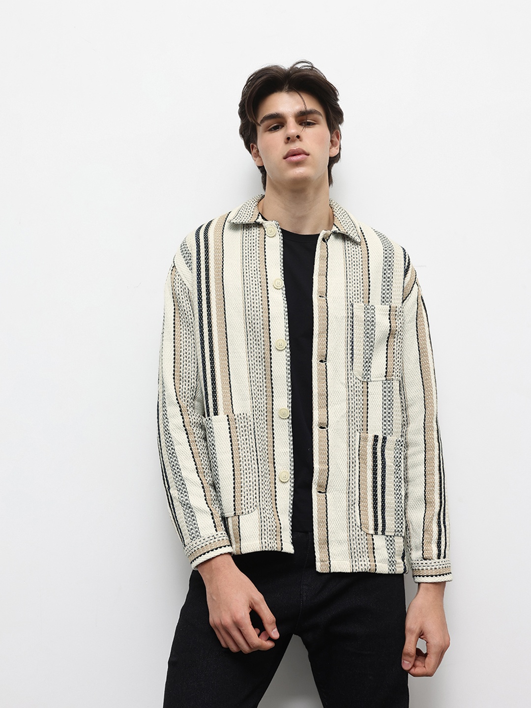 

ZARA Textured Striped Shacket, Beige