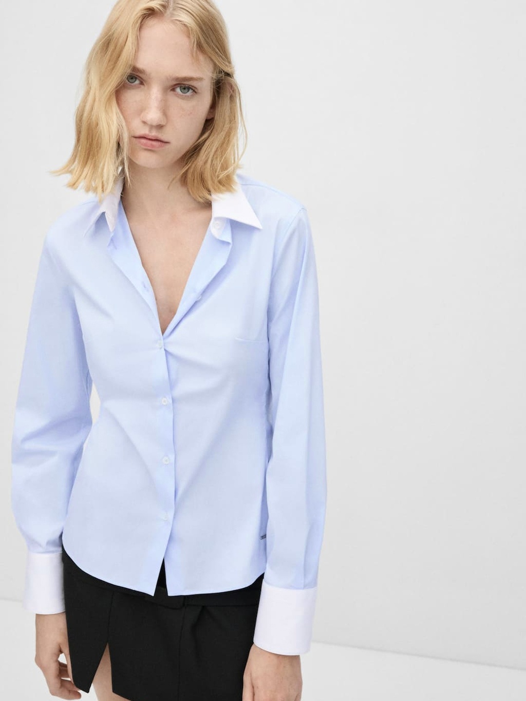 

MANGO Women Contrast Collar Formal Shirt, Blue