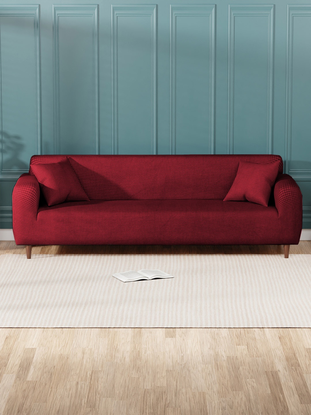 

Lukzer Red Printed Jacquard 4-Seater Sofa Cover With Arms
