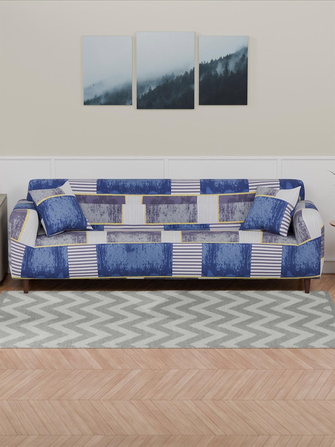 

Lukzer Blue and White Geometric Printed 4-Seater Sofa Cover With Arms