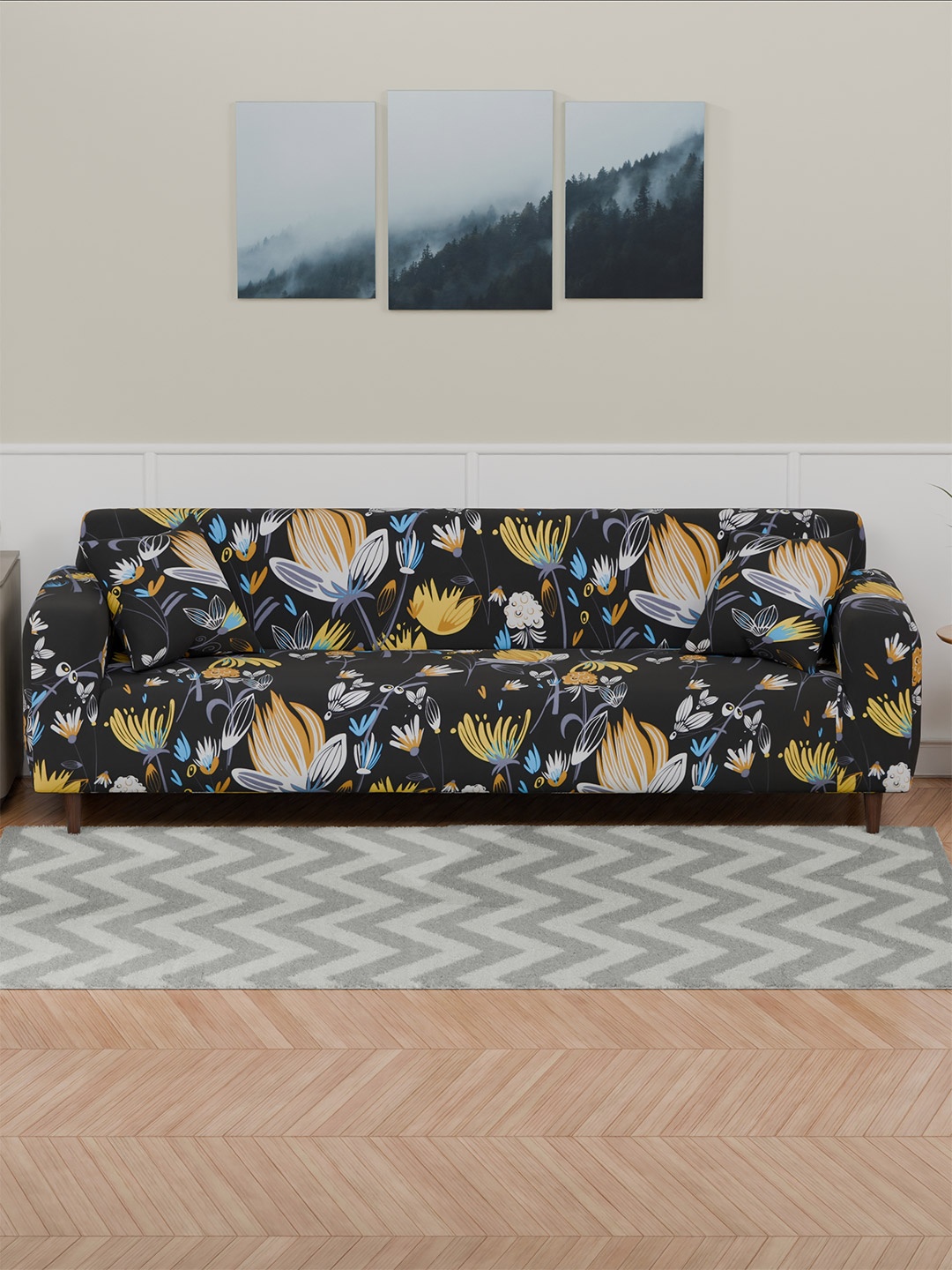 

Lukzer Yellow and Black Floral Printed 4-Seater Sofa Cover With Arms
